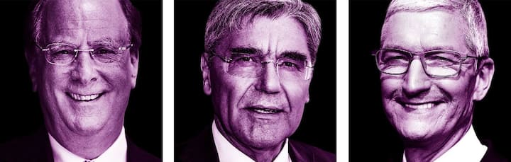 Larry Fink (BlackRock) will nachhaltig investieren, Joe Kaeser (Siemens) der Gesellschaft dienen, und Tim Cook (Apple) kämpft für Homosexuelle (v.l.).