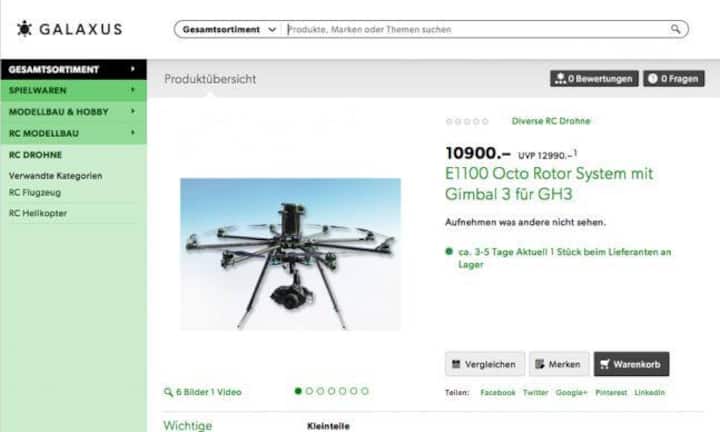 Ebenfalls bei Galaxus findet man diese Drohne für 10'900 Franken. Dafür gibt es statt der üblichen vier gleich acht Rotoren.