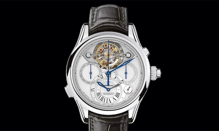 18 Exemplare dieser Exo Tourbillon Rattrapante der Montblanc Collection Villeret 1858 in Weissgold wird es geben – kein Stück mehr. Auffallend: eine Schleppzeiger-Funktion und ein Regulator-Zifferblatt aus Gold und Email.