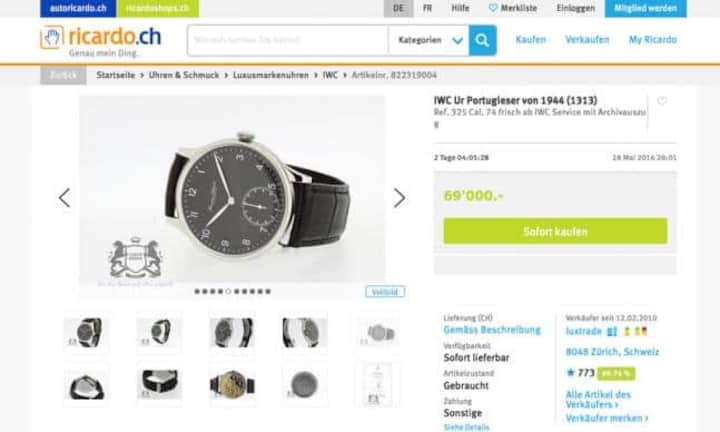 Bedeutend teurer können indes Luxusmarkenuhren sein. Die IWC Portugieser von 1944 ist auf Ricardo mit 69'000 Franken zur Zeit das teuerste Angebot in dieser Kategorie.