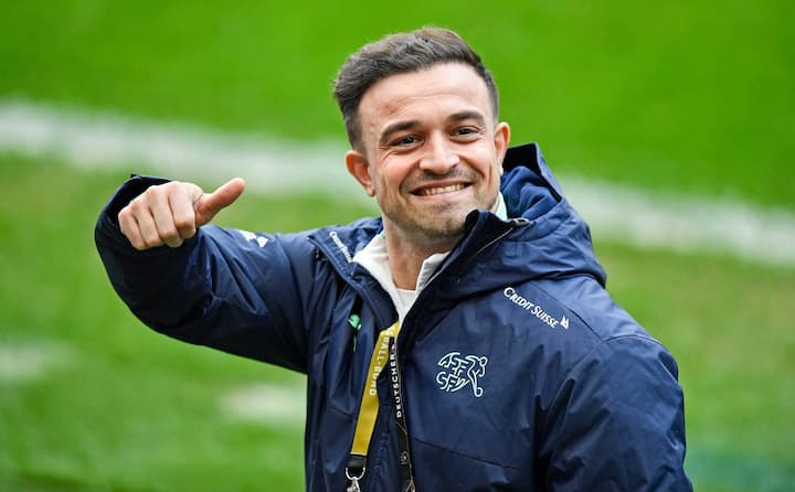 Switzerland's Xherdan Shaqiri shows thumbs up prior a training session of the Swiss national soccer team prior the UEFA Nations League soccer match between Germany and Switzerland in Cologne, Germany, Monday, Oct. 12, 2020. (AP Photo/Martin Meissner)