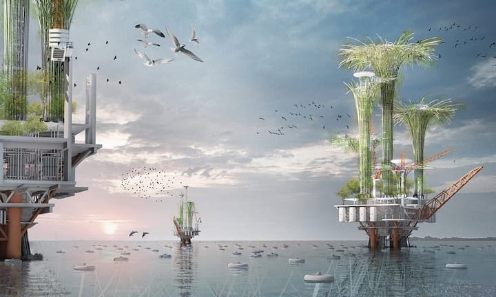 Noah Oasis: Eine weitere Zukunftsvision sieht Öltürme als künftige «Bio-Habitate». Schwimmer fangen ausgetretenes Öl sofort auf. Dieses wird verarbeitet und zum Aufbau eines unterseeischen Lebensraumes genutzt.