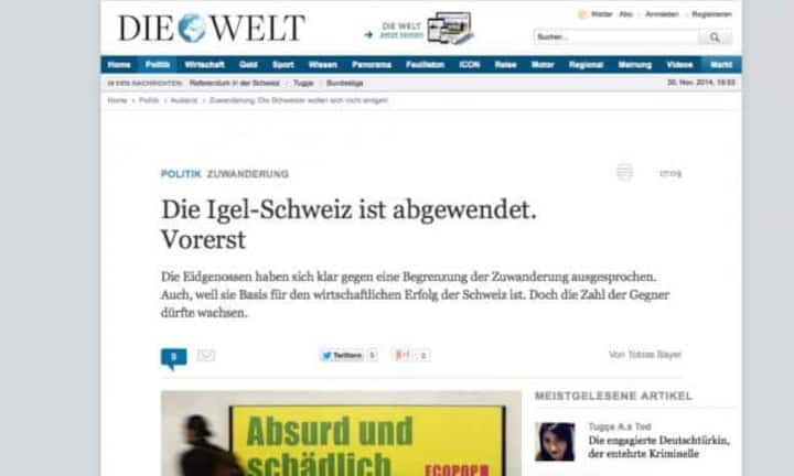 Das deutsche Blatt «Die Welt» widmet sich intensiv dem Schweizer Wahlgeschehen. Es überschüttet die Schweiz mit Lob, spricht aber auch Unangenehmes an: Nach dem Nein zur Ecopop-Initiative werde in der Politik und in den Top-Etagen der Firmen aufgeatmet. Doch es bleibe ein ungutes Gefühl zurück. Ein Weitermachen wie bisher dürfte schwierig werden.