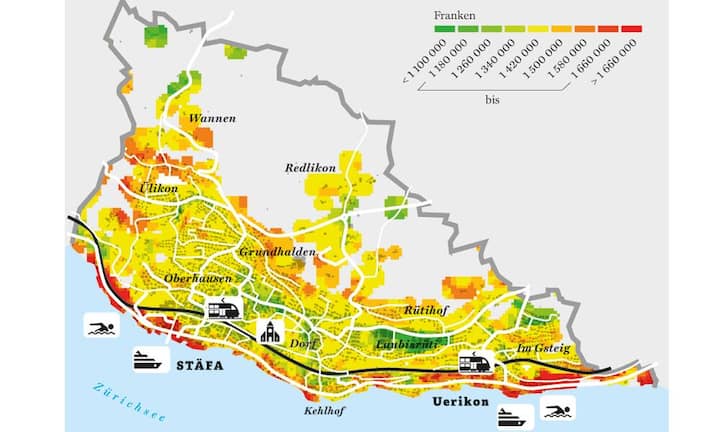 Ruhig gelegen, an erhöhter Lage mit Seesicht entsteht hier etwa die Überbauung Greenwater, wo noch Wohnungen für zwischen 1,57 (4,5 Zimmer mit 150 m2) und 2,15 Millionen Franken zum Verkauf stehen.