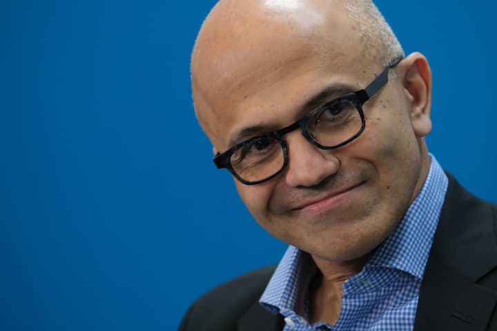 BERLIN, GERMANY - FEBRUARY 27: Satya Nadella, CEO of Microsoft, speaks with Herbert Diess, CEO of Volkswagen AG, (not pictured) at a "fireside chat" to the media about a joint project between the two companies called the Volkswagen Automotive Cloud on February 27, 2019 in Berlin, Germany. Microsoft is working with several automakers to advance the carmakers' digitalization.  (Photo by Sean Gallup/Getty Images)