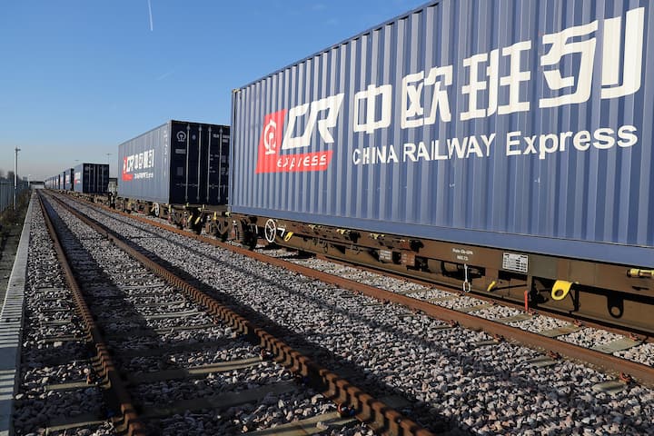 BARKING, ENGLAND - JANUARY 18: Carriages that started their Journey in Yiwu in China roll into Barking rail freight terminal on January 18, 2017 in Barking, England.
