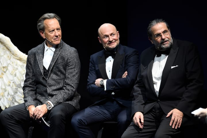 ZURICH, SWITZERLAND - FEBRUARY 15: (L to R) Richard E. Grande, Georges Kern, and Fred Mandelbaum attend the dinner show at the '#LEGENDARYFUTURE' Roadshow 2018 Zurich on February 15, 2018 in Zurich, Switzerland. (Photo by Alexander Scheuber/Getty Images for Breitling)