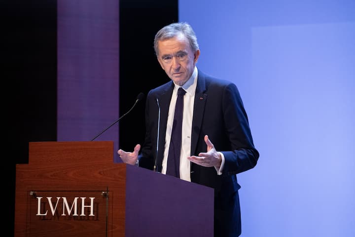 Bernard Arnault, billionaire and chief executive officer of LVMH Moet Hennessy Louis Vuitton SE, speaks as the luxury brand announces full year earnings in Paris, France, on Tuesday, Jan. 28, 2020. LVMH's sales growth slowed in the fourth quarter as protests in Hong Kong dented Chinese demand for the luxury giant's products at the end of a strong year. Photographer: Christophe Morin/Bloomberg