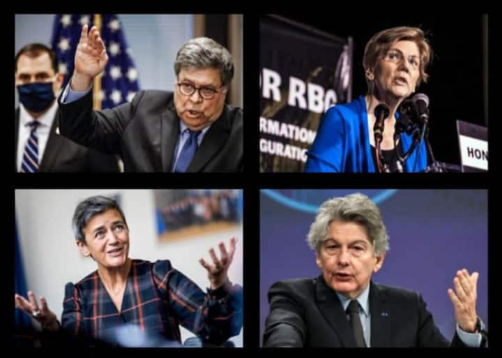 Zusammenstellung der Gegenspieler der grossen Tech-Unternehmen: Im Bild sind William Barr, Elizabeth Warren, Margethe Vestager und Thierry Breton.