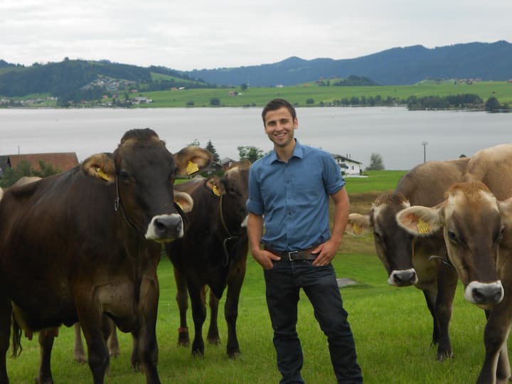 Der Einsiedler Bauer Christian Schönbächler lässt sich inmitten einer Kuhherde fotografieren.