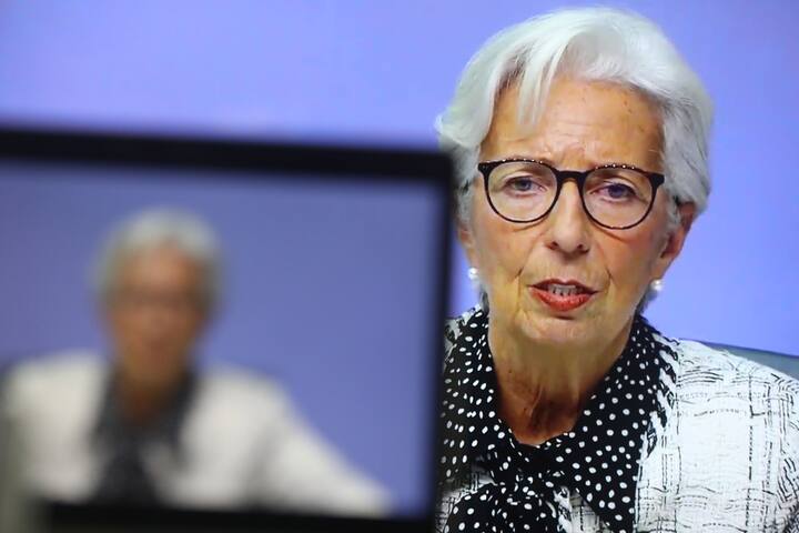 Christine Lagarde, president of the European Central Bank (ECB), speaks during a live stream video of the central bank's virtual rate decision news conference in Frankfurt, Germany, on a television screen arranged in Danbury, U.K., on Thursday, Oct. 29, 2020. Lagarde said there is little doubt that policy makers will agree on a new package of monetary stimulus in December as coronavirus infections and renewed lockdowns threaten a double-dip recession. Photographer: Chris Ratcliffe/Bloomberg