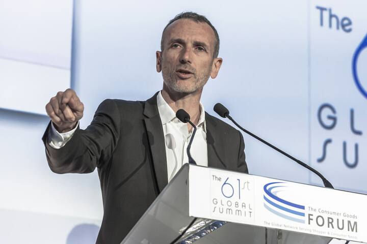 Emmanuel Faber, chief executive officer of Danone SA, gestures as he speaks during a panel session at the 61st Global Summit of the Consumer Goods Forum (CGF) in Berlin, Germany, on Thursday, June 22, 2017. The summit runs June 20-23. Photographer: Rolf Schulten/Bloomberg
