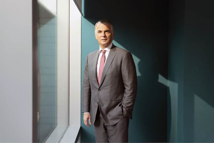 Sergio Ermotti, chief executive officer of UBS Group AG, poses for a photograph following a Bloomberg Television interview in Singapore, on Monday, Sept. 17, 2018. UBS?has picked Frankfurt as its post-Brexit European Union hub and has made preparations for the worst-case scenario of Britain crashing out of the bloc without a trade deal, Ermotti?said. Photographer: Wei Leng Tay/Bloomberg