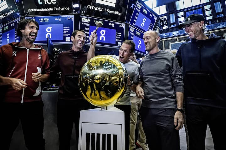On executives ring a ceremonial first trade bell as their company's IPO begins trading on the floor of the New York Stock Exchange, Wednesday, Sept. 15, 2021. They are, from left: Caspar Coppetti, Martin Hoffmann, Marc Maurer, David Allemann, and Olivier Bernhard. (AP Photo/Richard Drew) David Allemann,Marc Maurer,Olivier Bernhard,Caspar Coppetti,Martin Hoffmann