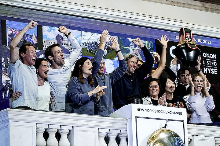 On co-Founder Olivier Bernhard, center, leads the celebration as he rings the New York Stock Exchange opening bell, before the company's IPO, Wednesday, Sept. 15, 2021. (AP Photo/Richard Drew) Olivier Bernhard