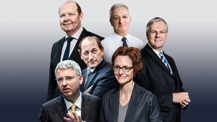 FÜR EIN ABKOMMEN Arbeitgeber-Präsident Valentin Vogt, Novartis-Präsident Jörg Reinhardt, Roche-Präsident Christoph Franz (oben v.l.), Roche-CEO Severin Schwan, Nestlé-Präsident Paul Bulcke, Economiesuisse-Chefin Monika Rühl (unten v.l.).