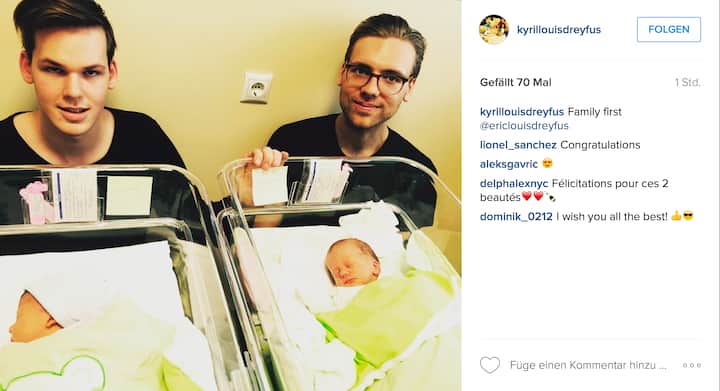 <p>Kyril Louis-Dreyfus (l.) und sein älterer Bruder Eric begrüssen 2016 im Spital ihre frischgeborenen Halbschwesterchen, die Zwillingsmädchen Arina und Isabella.</p>