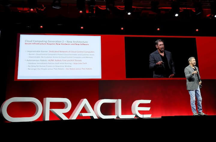 SAN FRANCISCO, CA - OCTOBER 22:  Oracle co-founder and Chairman Larry Ellison delivers a keynote address during the Oracle OpenWorld on October 22, 2018 in San Francisco, California. The Oracle co-founder and Chairman kicked off the annual Oracle OpenWorld conference that runs through October 25th.  (Photo by Justin Sullivan/Getty Images)
