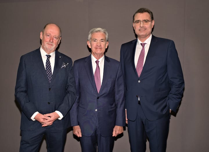 Martin Meyer, Präsident, Schweizerisches Institut für Auslandforschung;Jerome Powell, Governor, FED;Thomas Jordan, Präsident, Schweizerische Nationalbank