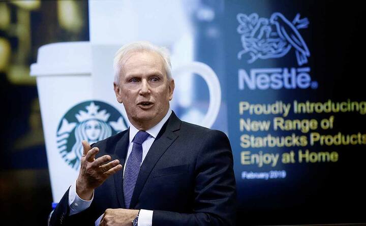 Patrice Bula, Nestle Executive Vice President and Head of Strategic Business Units, Marketing, Sales and Nespresso, addresses a news conference to announce that Nestle will sell Starbucks-branded coffee at grocery stores in Europe, Asia and Latin America at the company's headquarters in Vevey, Switzerland February 13, 2019. REUTERS/Arnd Wiegmann - RC1A542B74B0