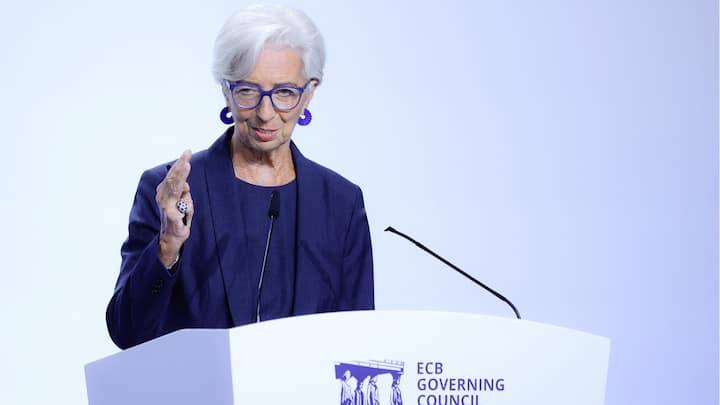 European Central Bank president Christine Lagarde gestures as she addresses a press conference with the President of the Greek Central Bank after the Governing Council meeting in Athens on October 26, 2023. (Photo by Aris Oikonomou / AFP)