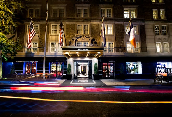 A street view of the atrium entrance of The Mark Hotel, NYC
