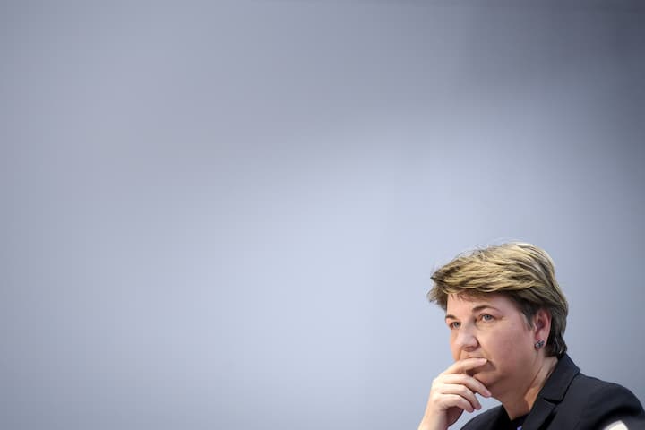 Swiss Federal councillor Viola Amherd briefs the media about the latest measures to fight the Covid-19 Coronavirus pandemic, in Bern, Switzerland, Monday, March 16, 2020.(KEYSTONE/Anthony Anex)