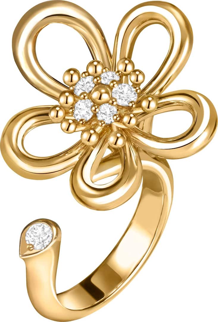 Between-the-Finger-Ring. Die filigrane Form der Blüte erfordert eine anspruchsvolle Handpolitur. 7850 Franken.