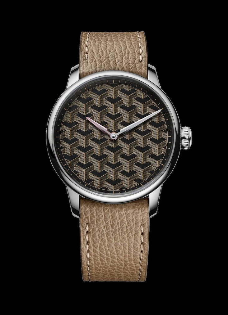 Ein geometrisches Muster aus feinen Golddrähten im Stil des niederländischen Künstlers Maurits Cornelis Escher ziert das Zifferblatt der Uhr Fil d’Or von Louis Erard.