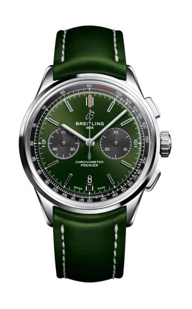 Premier B01 Chronograph 42 Bentley British Racing Green with a British racing green leather strap