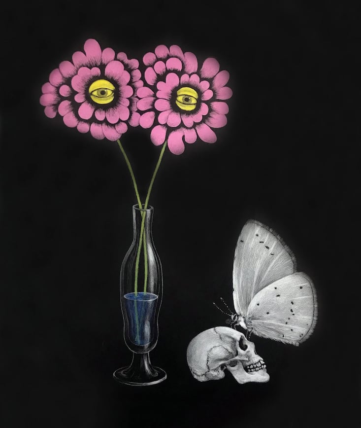 Paradoxien und surreale Momente: «Nature (presque) morte», 2025; Farbstift auf Papier; 102,5 × 86,5 cm.