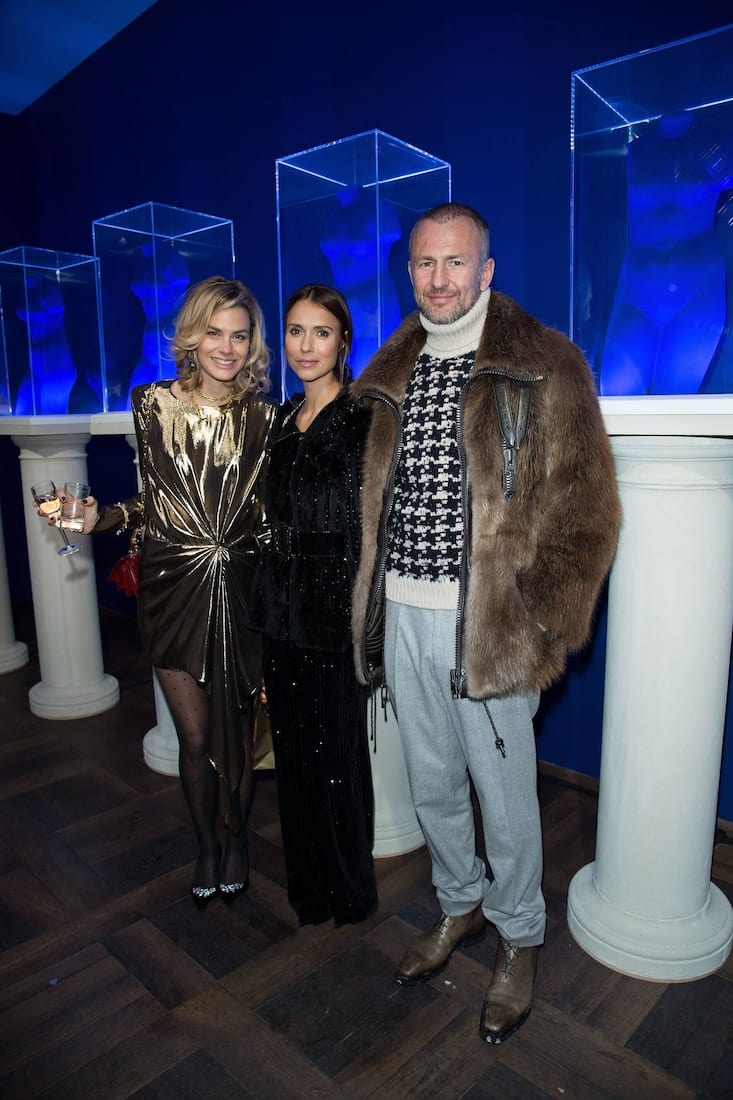 ST MORITZ, SWITZERLAND - DECEMBER 27:  Isabelle Bscher, Aleksandra Melnichenko and Andrey Melnichenko attend Galerie Gmurzynska Hosts Diana Widmaier-Picasso in Celebration of Mene 24K and Yves Klein on December 27, 2017 in St Moritz, Switzerland.  (Photo by Venturelli/Getty Images)