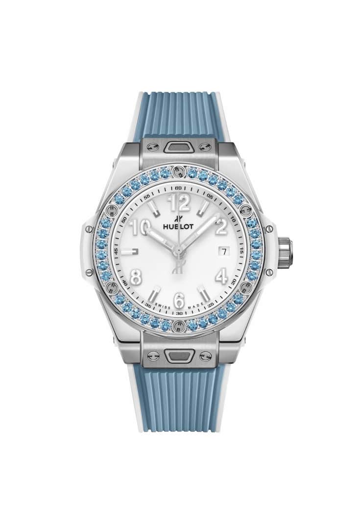 Big Bang One Click Joyful, 33-mm-Edelstahlgehäuse, Automatikkaliber, Lünette mit 36 blauen Saphiren; Preis 12900 Fr.