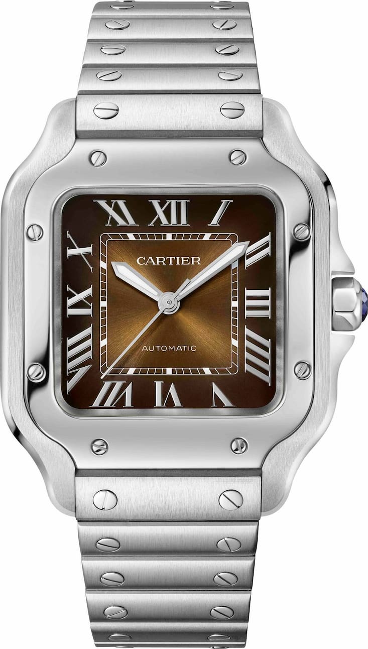 Multi­optional: Die neue Santos von Cartier kann dank Bandwechselsystem je nach Lust und Laune mit Kautschuk-, Leder- oder ­Metallarmband getragen werden.