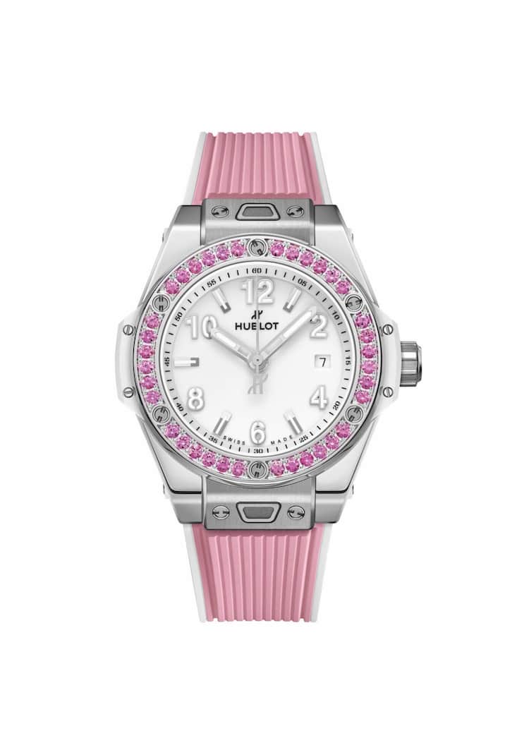 Big Bang One Click Joyful, 33-mm-Edelstahlgehäuse, Automatikkaliber, Lünette mit 36 pinken Saphiren; Preis 12900 Fr.