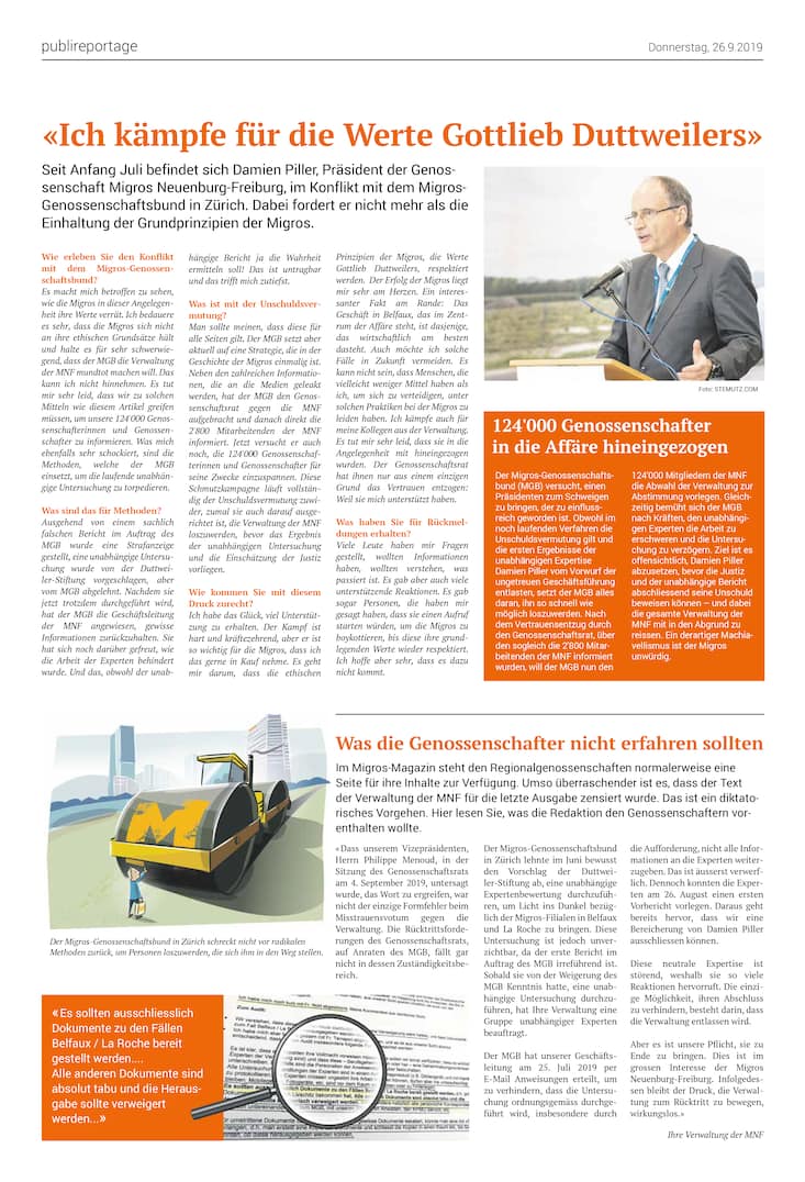 Ein Inserat in den «Freiburger Nachrichten», in dem sich Piller als Verfechter der Werte von Gottlieb Duttweiler inszeniert.