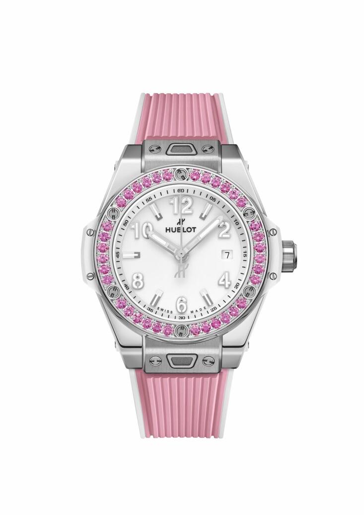 <p>Big Bang One Click Joyful, 33-mm-Edelstahlgehäuse, Automatikkaliber, Lünette mit 36 pinken Saphiren; Preis 12900 Fr.</p>