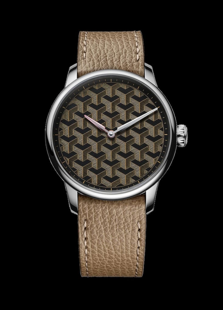 <p>Ein geometrisches Muster aus feinen Golddrähten im Stil des niederländischen Künstlers Maurits Cornelis Escher ziert das Zifferblatt der Uhr Fil d’Or von Louis Erard.</p>