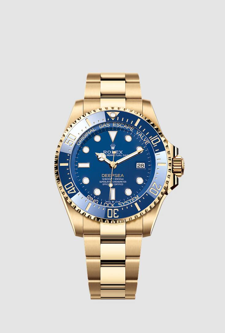 Rolex Deepsea 44-mm-Gehäuse und Band aus 18-karätigem Gold aus der Rolex-eigenen Giesserei wiegen 320 Gramm. Die Uhr ist bis 3900 Meter Tiefe wasserdicht: Machtdemonstration in Uhrform. 49 900 Fr.