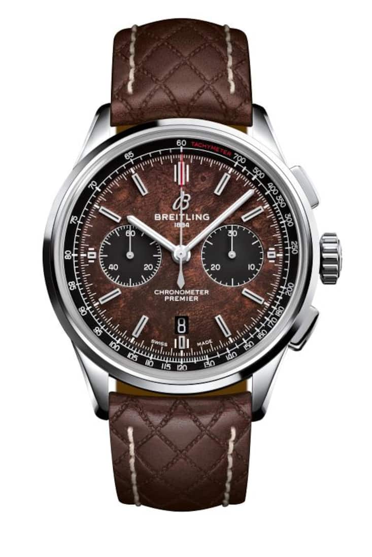 Premier B01 Chronograph 42 Bentley Centenary Limited Edition in stainless-steel with brown elm burl dial and brown Bentley-inspired leather strap