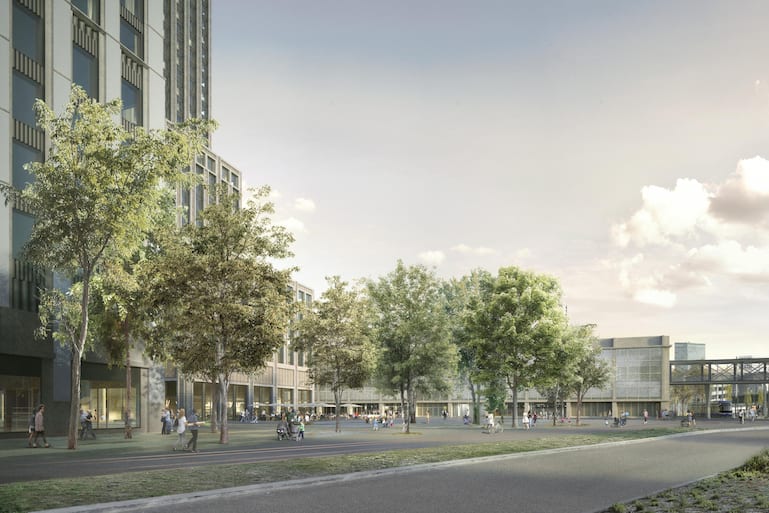 Es kombiniert das Stadion mit zwei 137 Meter hohen Hochhäusern mit 770 Mietwohnungen – 174 davon Genossenschaftswohnungen.