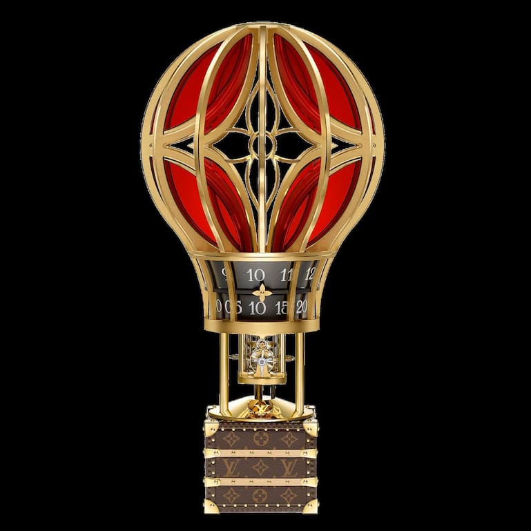 Tischuhr Montgolfière Aéro: Ein Heissluftballon transportiert den kleinsten jemals von Louis Vuitton gestalteten Koffer, in dem ein mechanisches Uhrwerk arbeitet.