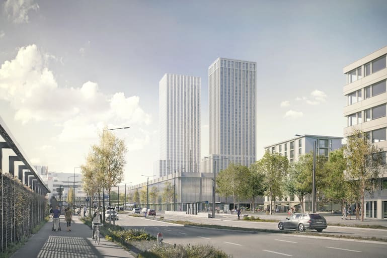 Eine Visualisierung des Projekts Ensemble mit gemeinnützigem Wohnungsbau rund ums neue Fussballstadion im Kreis 5.