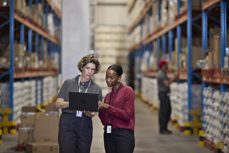 Female manager discussing with employee using laptop