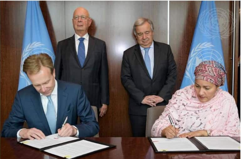 Treffen in New York: Børge Brende (v.l.) signierte im Juni 2019 mit Klaus Schwab (h.l.) ein UN-Abkommen mit dem Führungsduo António Guterres und Amina Mohammed. Dann ging es zu Epstein.