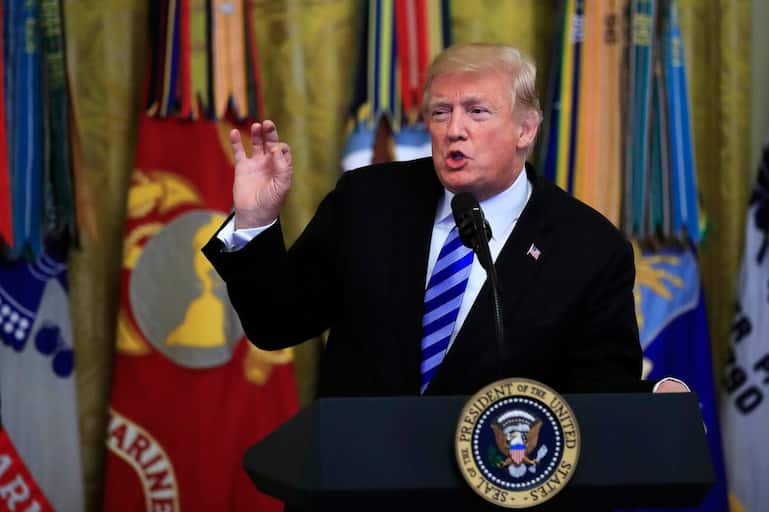 President Donald Trump speaks at a reception