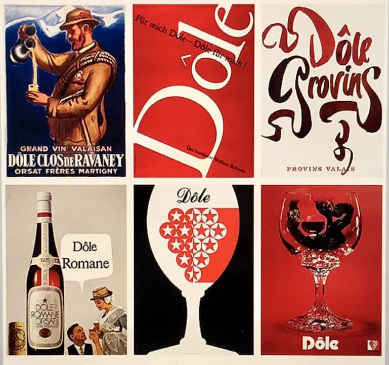 Serie von alten Werbeplakaten für den Walliser Dôle.