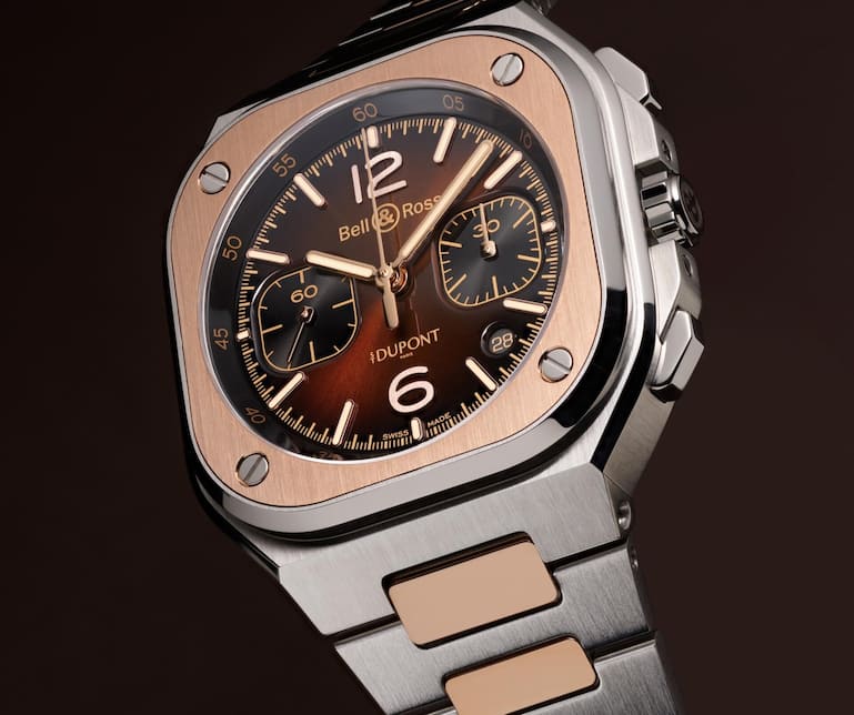 Der Chronograph von Bell & Ross kombiniert einen Sonnenschliff mit einem Farbverlauf auf seinem havannabraunen Zifferblatt.