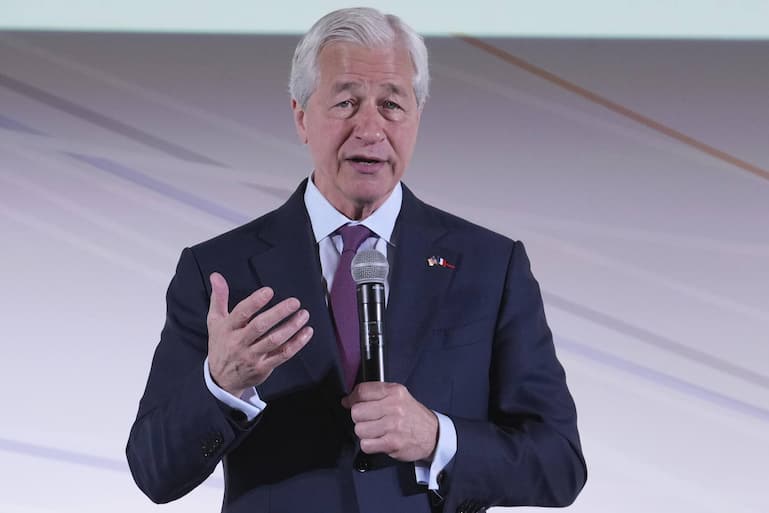 JPMorgan Chase CEO Jamie Dimon speaks during the Global Markets Conference in Paris, France, Thursday May 15, 2025. (AP Photo/Michel Euler, Pool) France Global Markets Conference